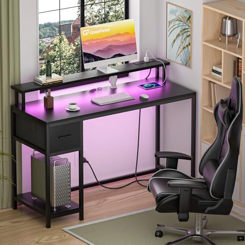 Black Gaming Desk with LED Lights and Drawer S390