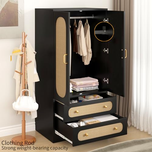 2 Door Rattan Wood Wardrobe with 2 Drawers & Hanging Rail (Black) N93922