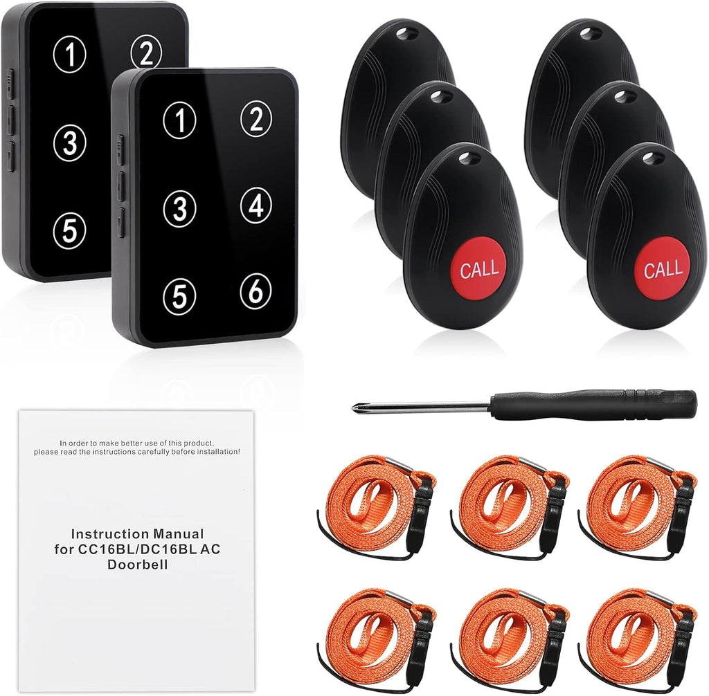 Wireless Caregiver Pager System with 2 Number Display Plug-in Receiver 6 Waterproof Transmitters O2488