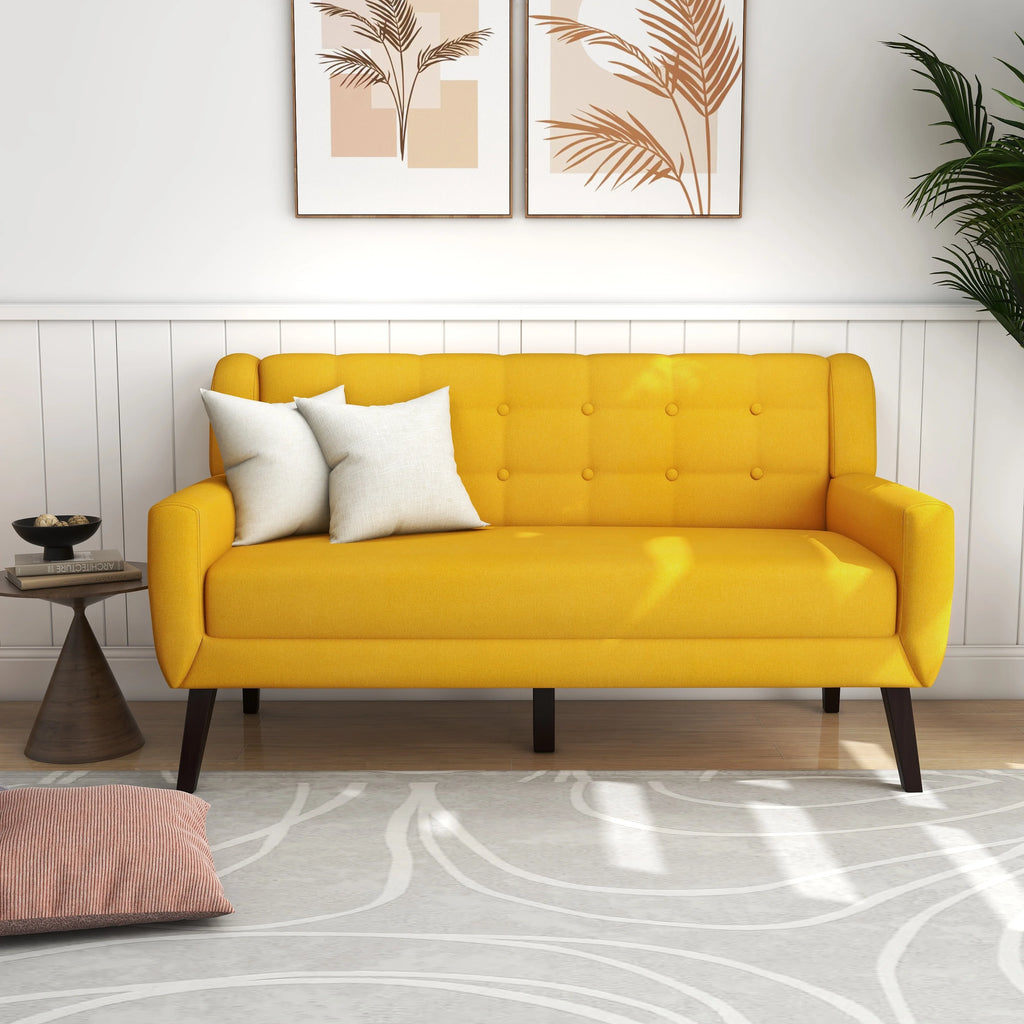Yellow Tufted Linen Cotton Loveseat with 2 Accent Chairs Q59060