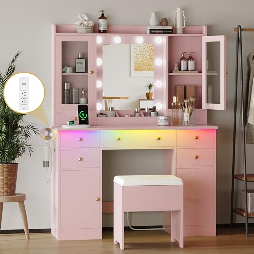 White Vanity Desk with Mirror and Lights and Storage Drawers B83910