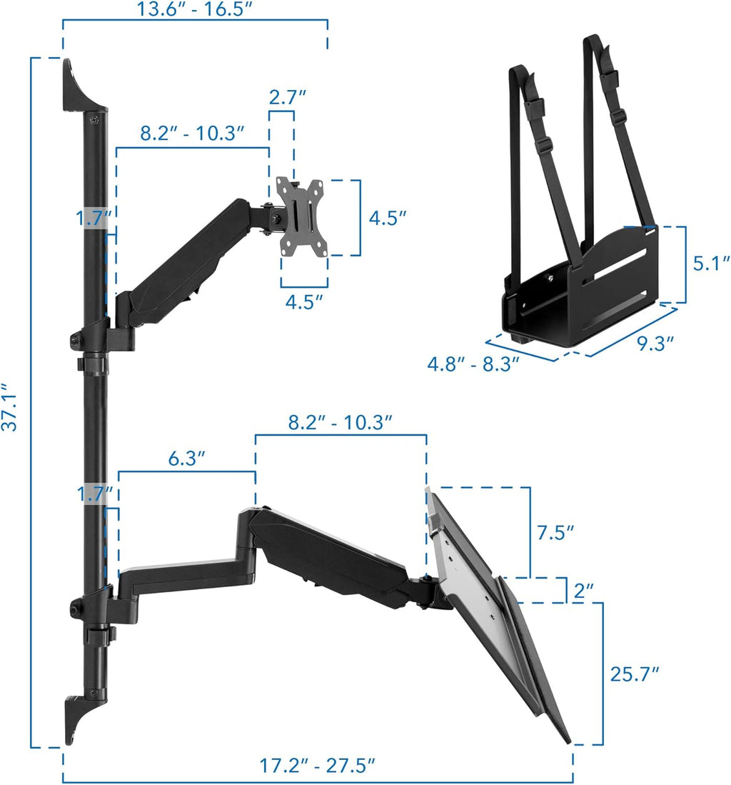 Wall Mount Workstation with Single Monitor Mount, Keyboard Tray and CPU Holder, Height Adjustable Full Motion Arms E332
