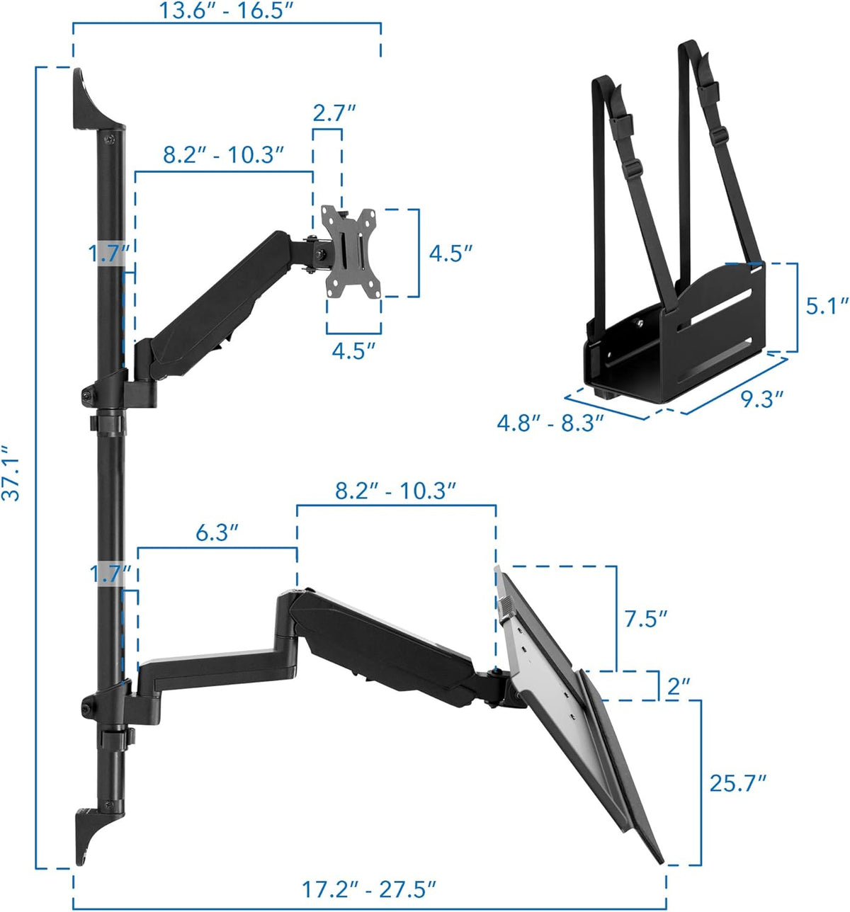 Wall Mount Workstation with Single Monitor Mount, Keyboard Tray and CPU Holder, Height Adjustable Full Motion Arms E332