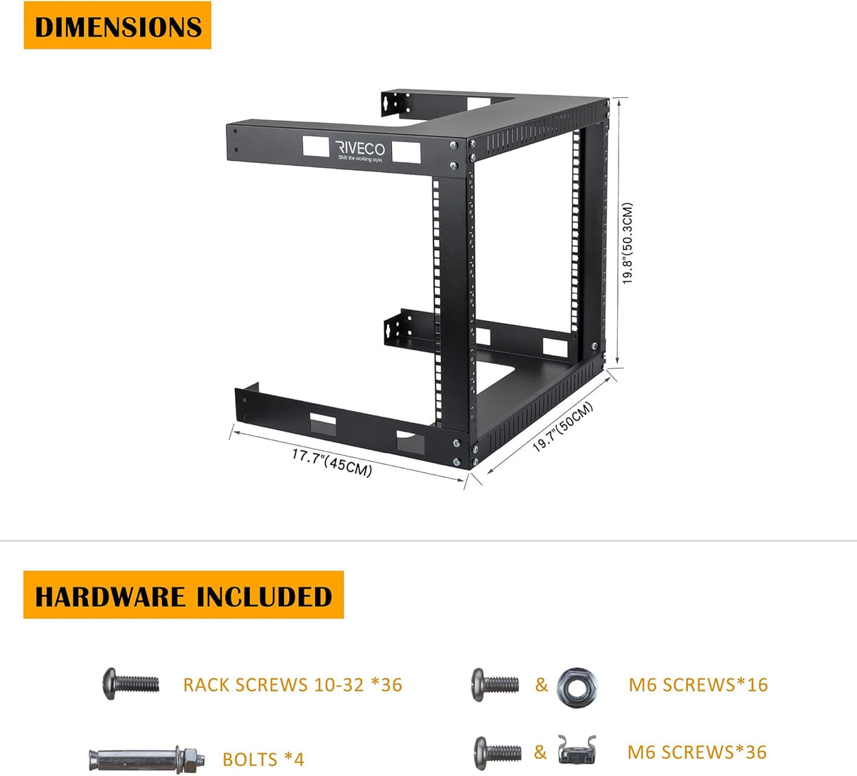 9U Wall Mount Rack, 17.7" Deep 2 Post Open Frame, Black U365