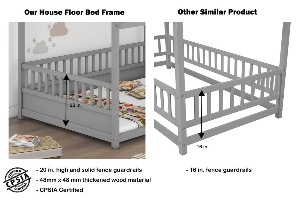 Full Size Gray Wood Floor Bed Frame with Guardrails U2036