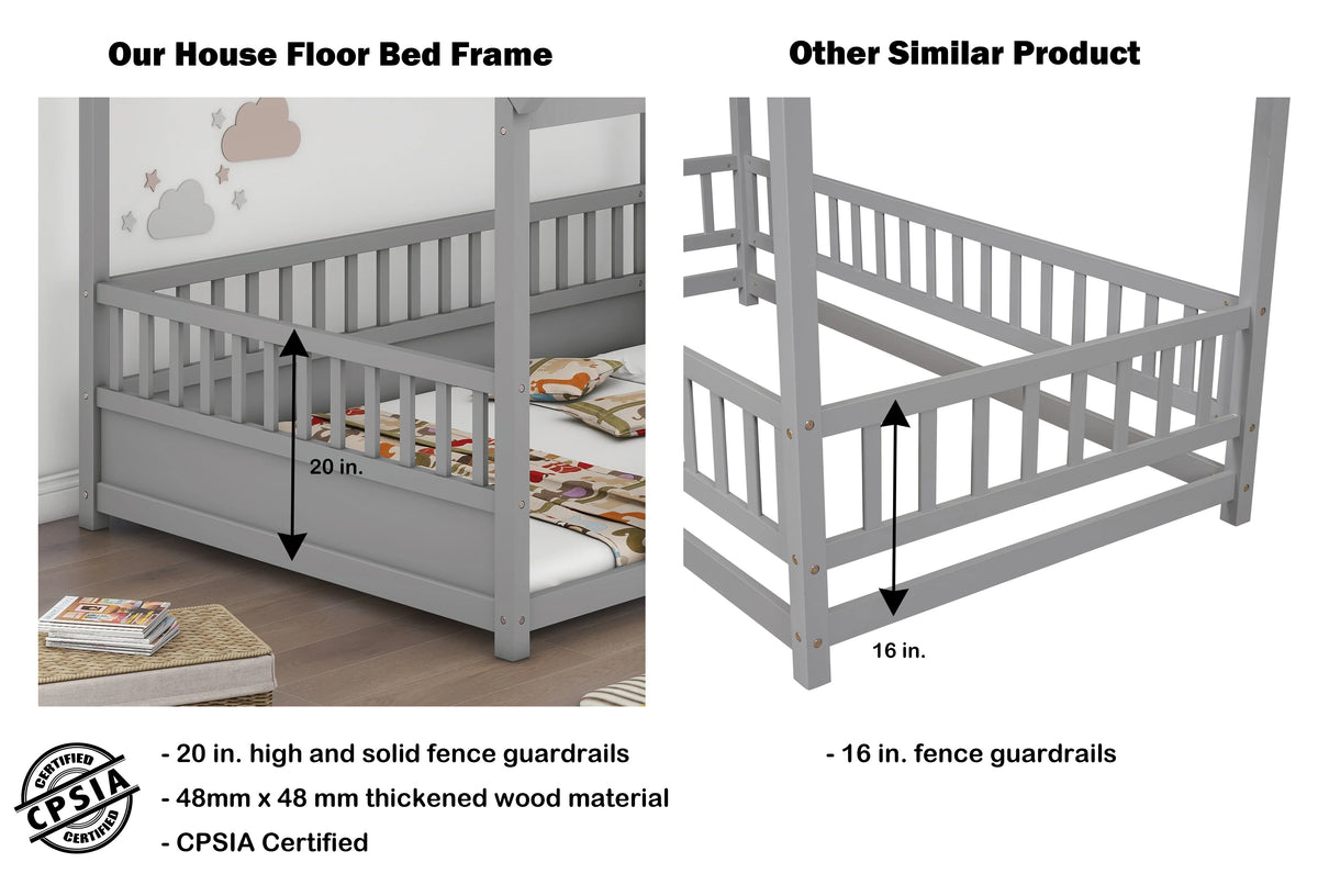 Full Size Gray Wood Floor Bed Frame with Guardrails U2036