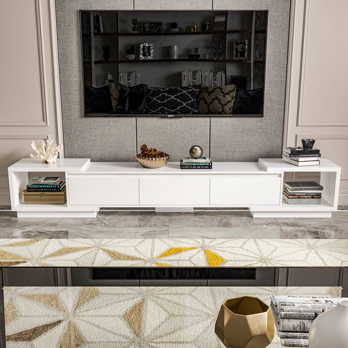 White Extendable TV Stand with Drawers I8087