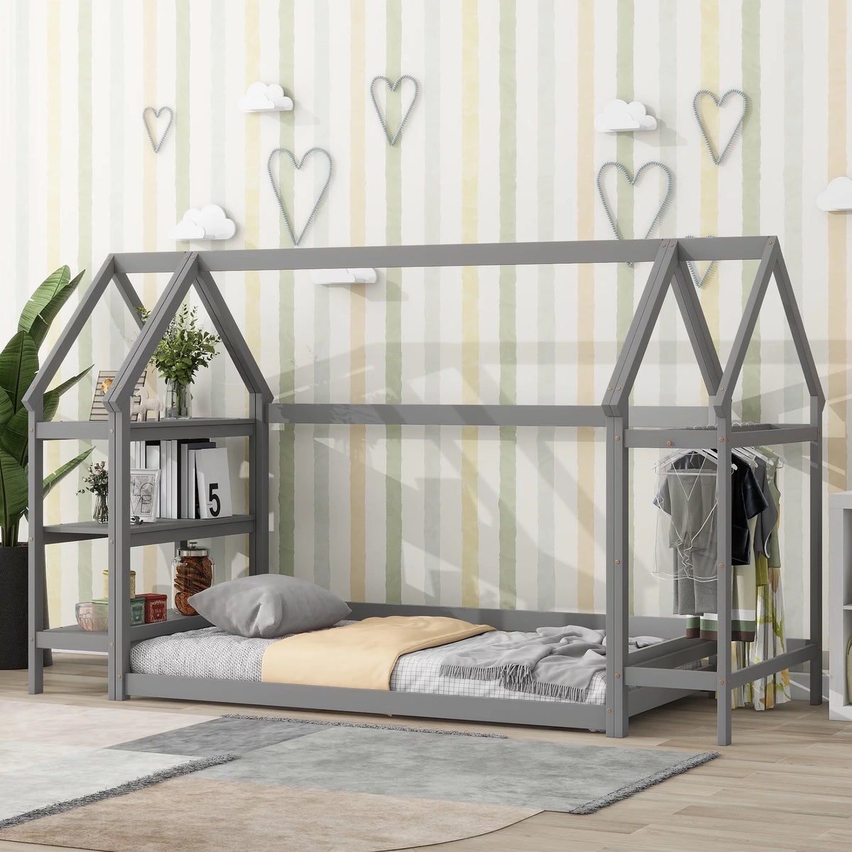 Gray Wood Twin House-Shaped Floor Bed with Shelf and Wardrobe P252