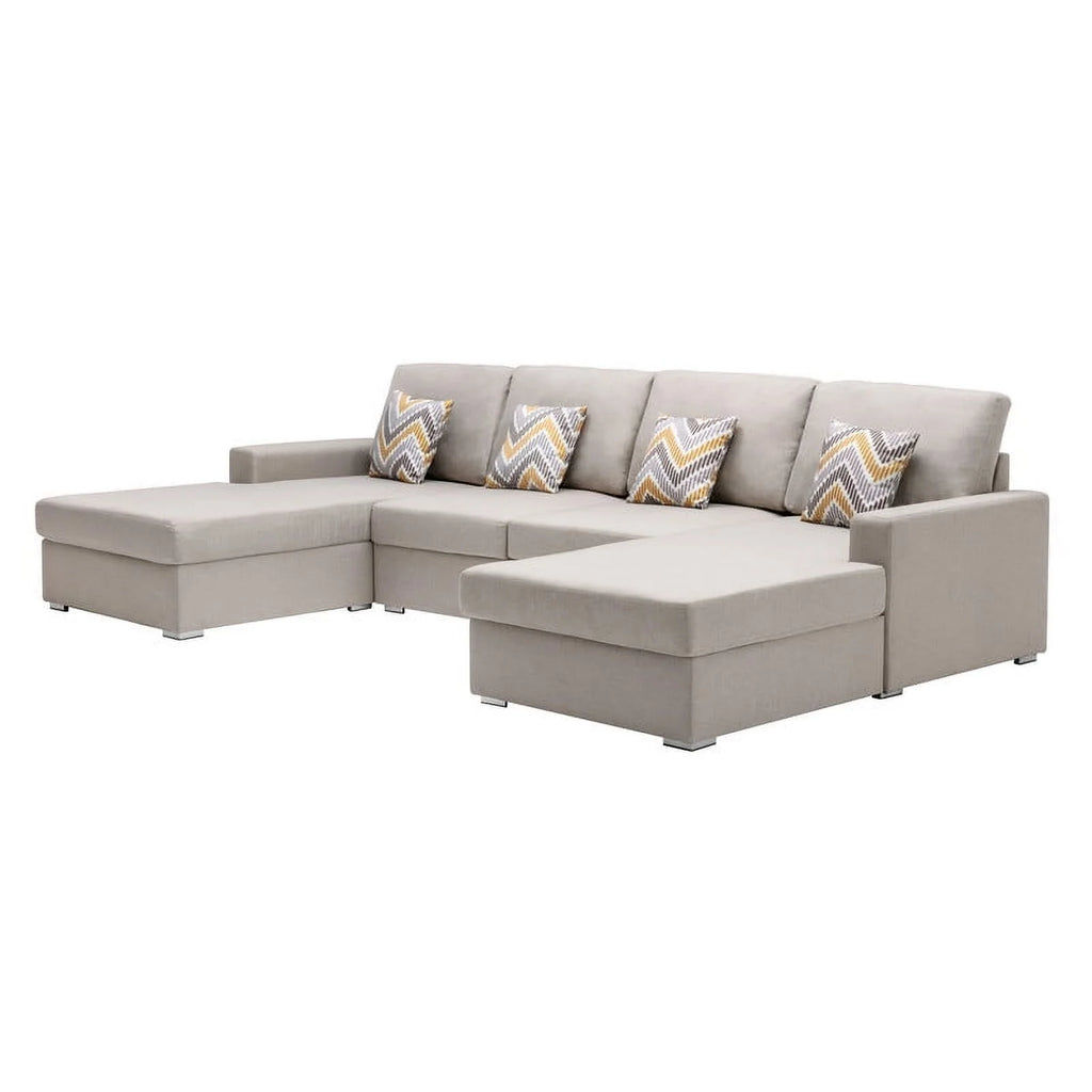 Beige Linen Fabric 4Pc Double Chaise Sectional Sofa Y351268