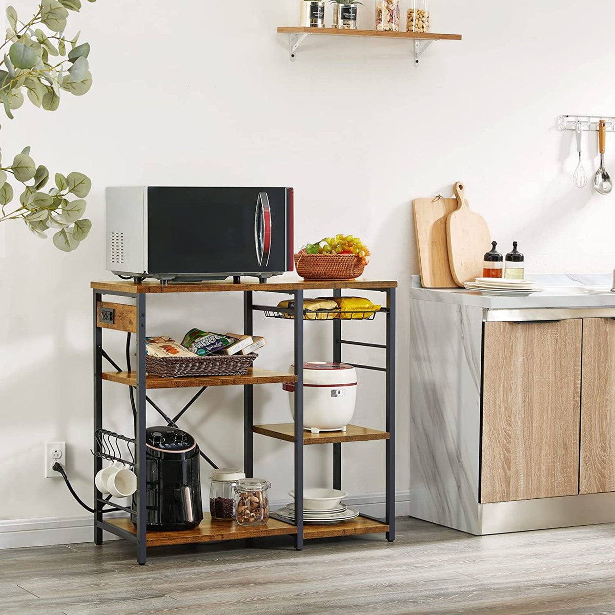 Rustic Brown Coffee Bar Table Station with Storage Shelf F4440