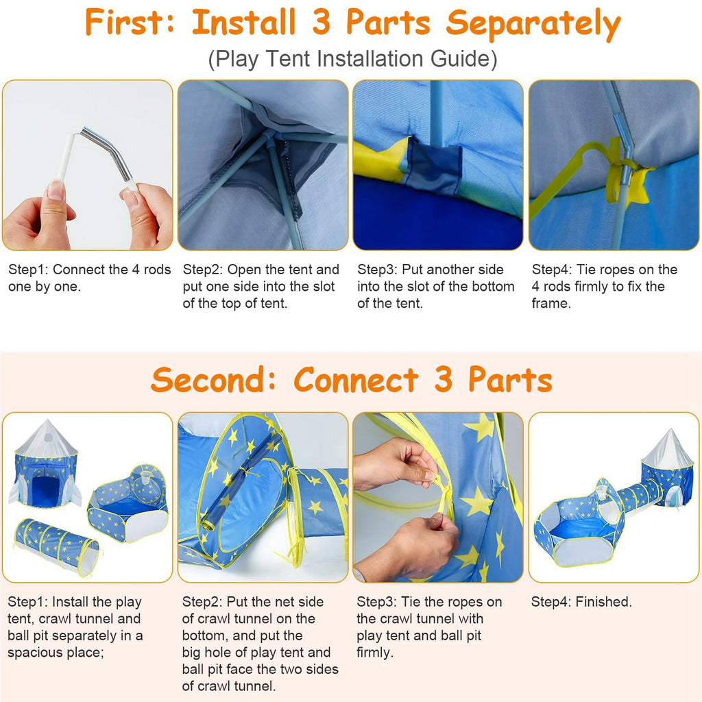 3 in 1 Foldable Kids Play Tent with Storage Bag, Blue X555