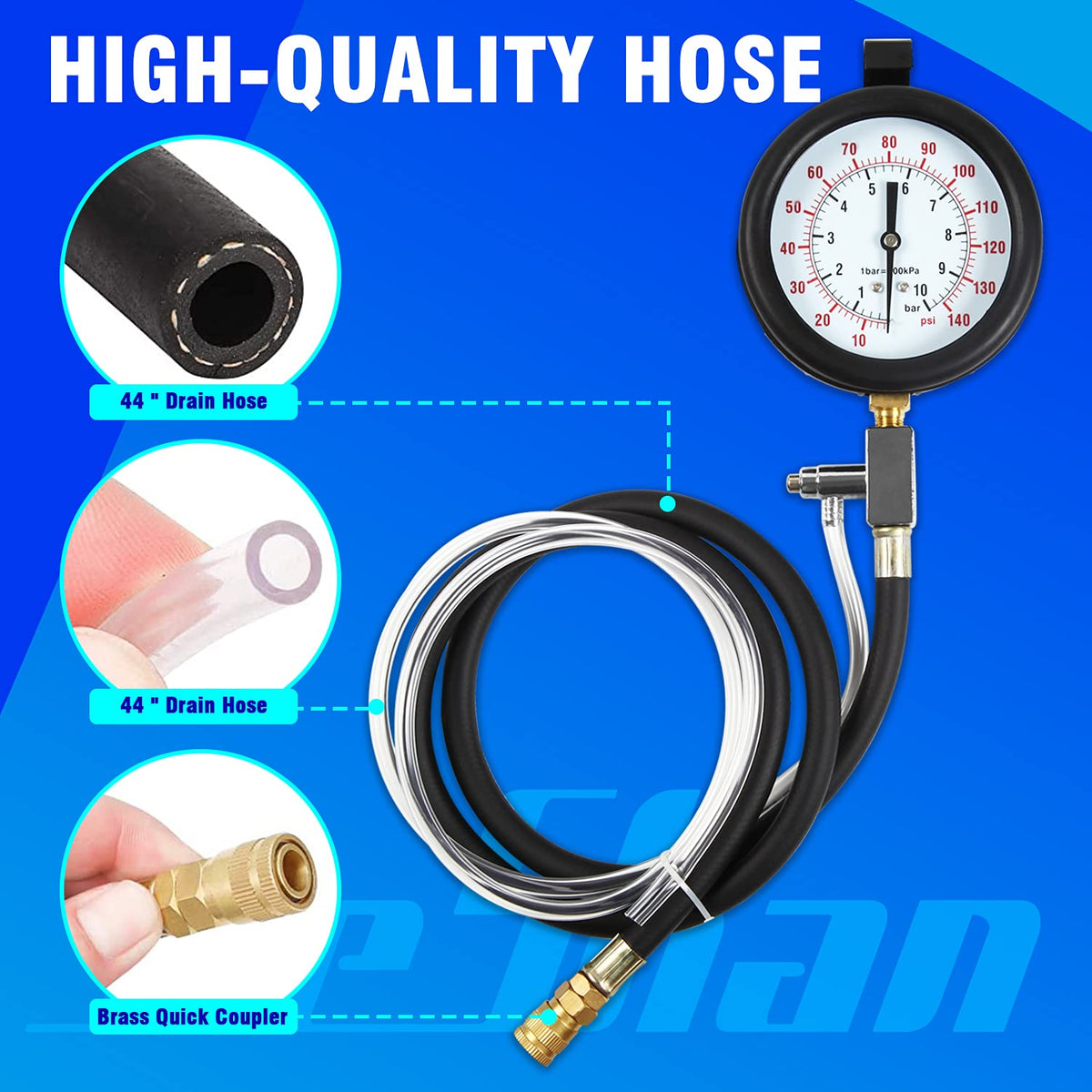 Fuel Pressure Test Kit, Fuel Injection Pressure Tester Kit Gauge 0-140 PSI/10 bar Scale, Dual Dial Y428569