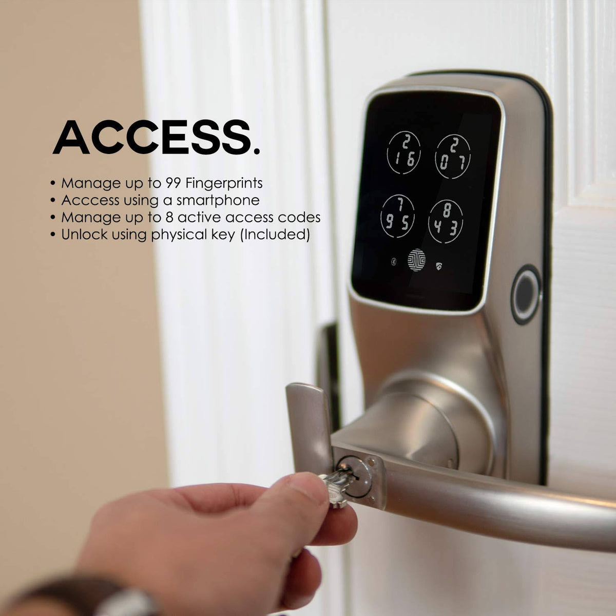 Satin Nickel Smart Touchscreen Door Latch Lock with Fingerprint and Bluetooth H7020