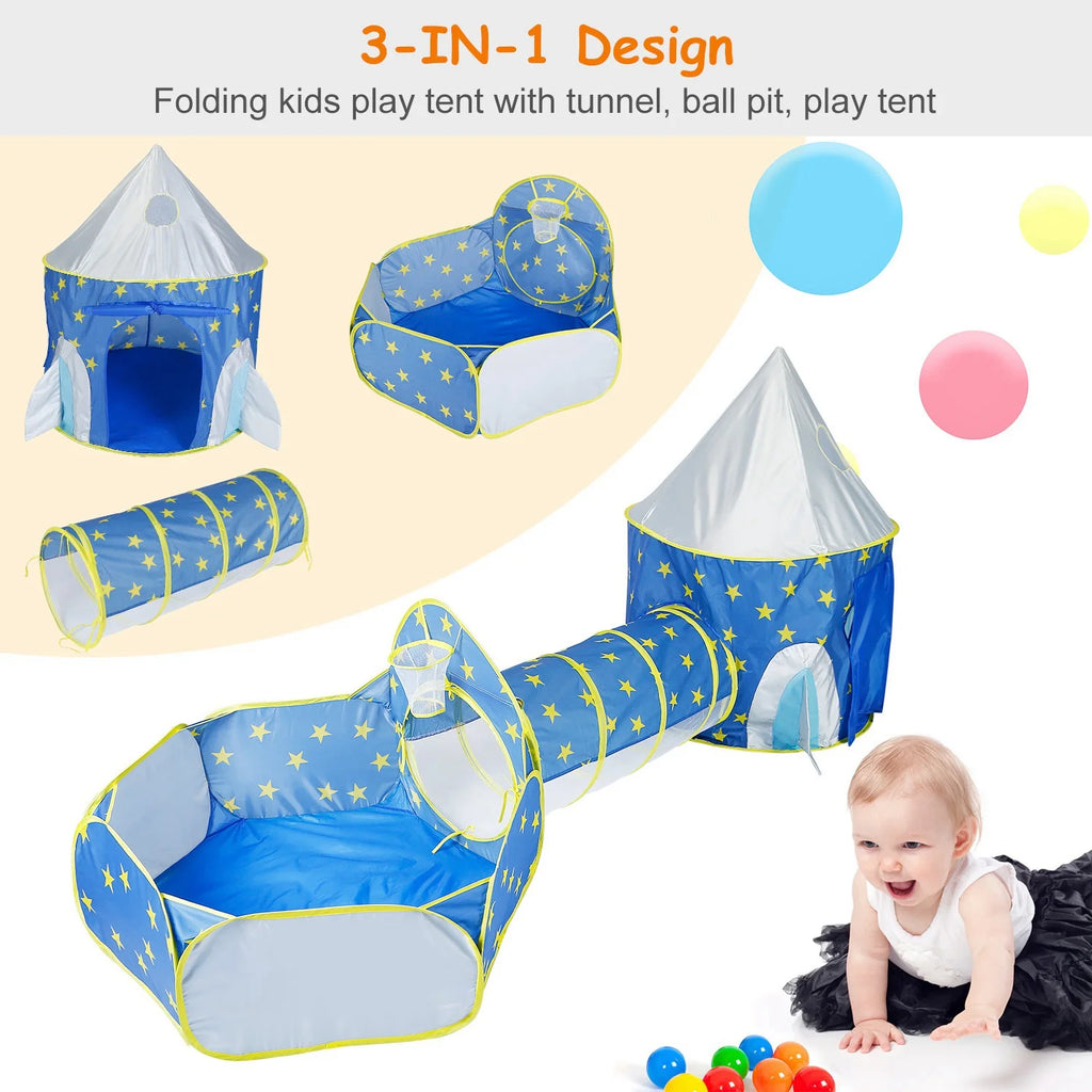 3 in 1 Foldable Kids Play Tent with Storage Bag, Blue X555