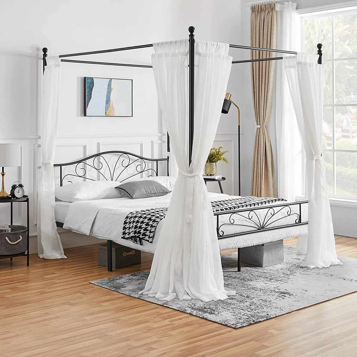 Queen Black Canopy Platform Bed Frame with Headboard and Footboard I728765