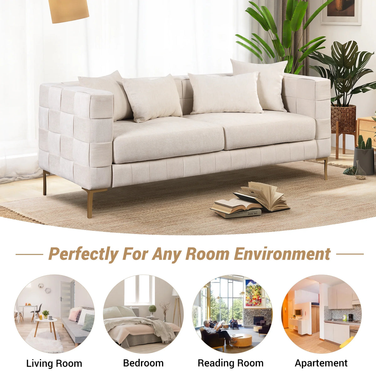 Beige Upholstered Sofa with 4 Pillows T11373