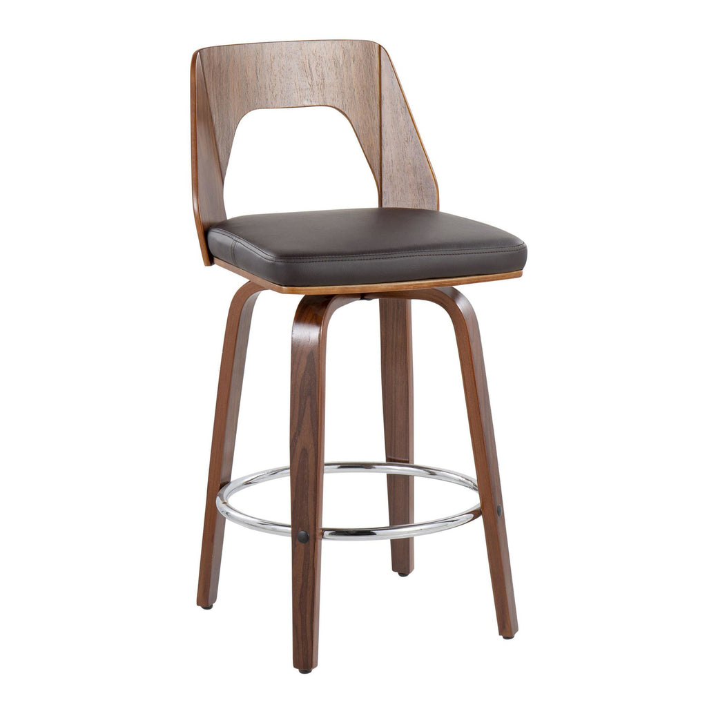 Mid-Century Modern Counter Stool In Walnut And Brown Faux Leather - Set Of 2 Y312962