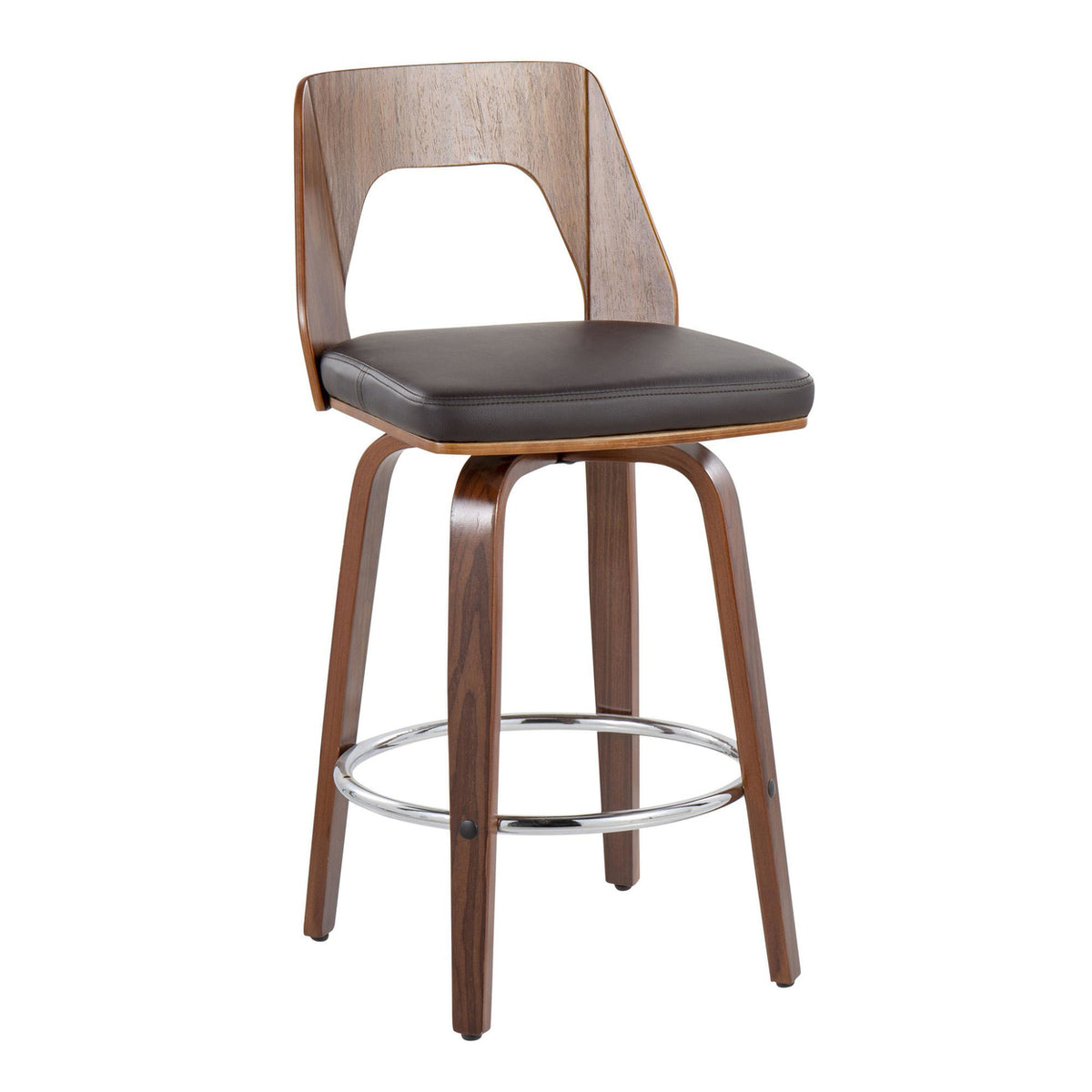 Mid-Century Modern Counter Stool In Walnut And Brown Faux Leather - Set Of 2 Y312962