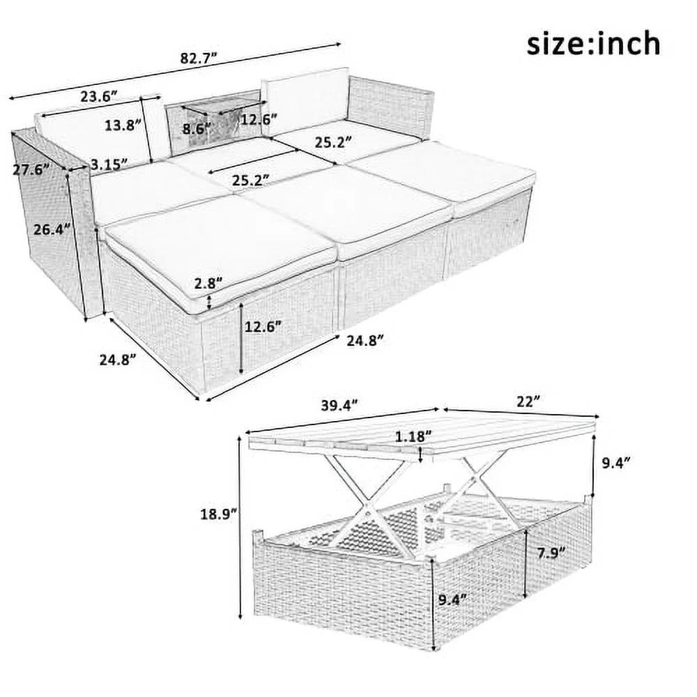 5-Piece Patio Wicker Sofa with Ottomans and Lift Top Coffee Table, Gray Z8739
