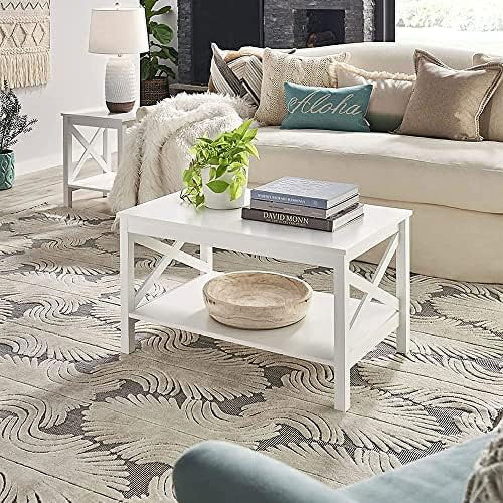 White Wood Coffee Table with Shelf D29506