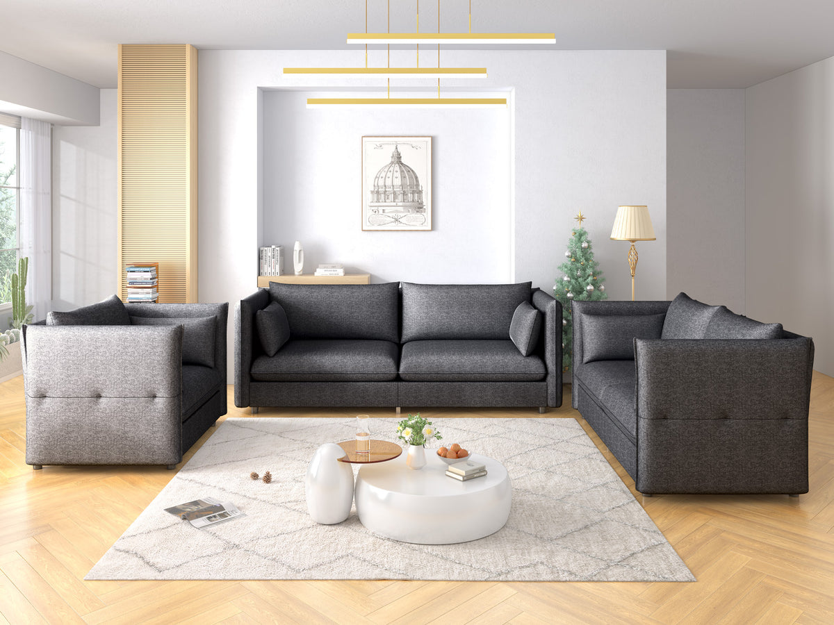 Modern 3 Pieces Linen Fleece Upholstered Sofa Set, Dark Grey M11234