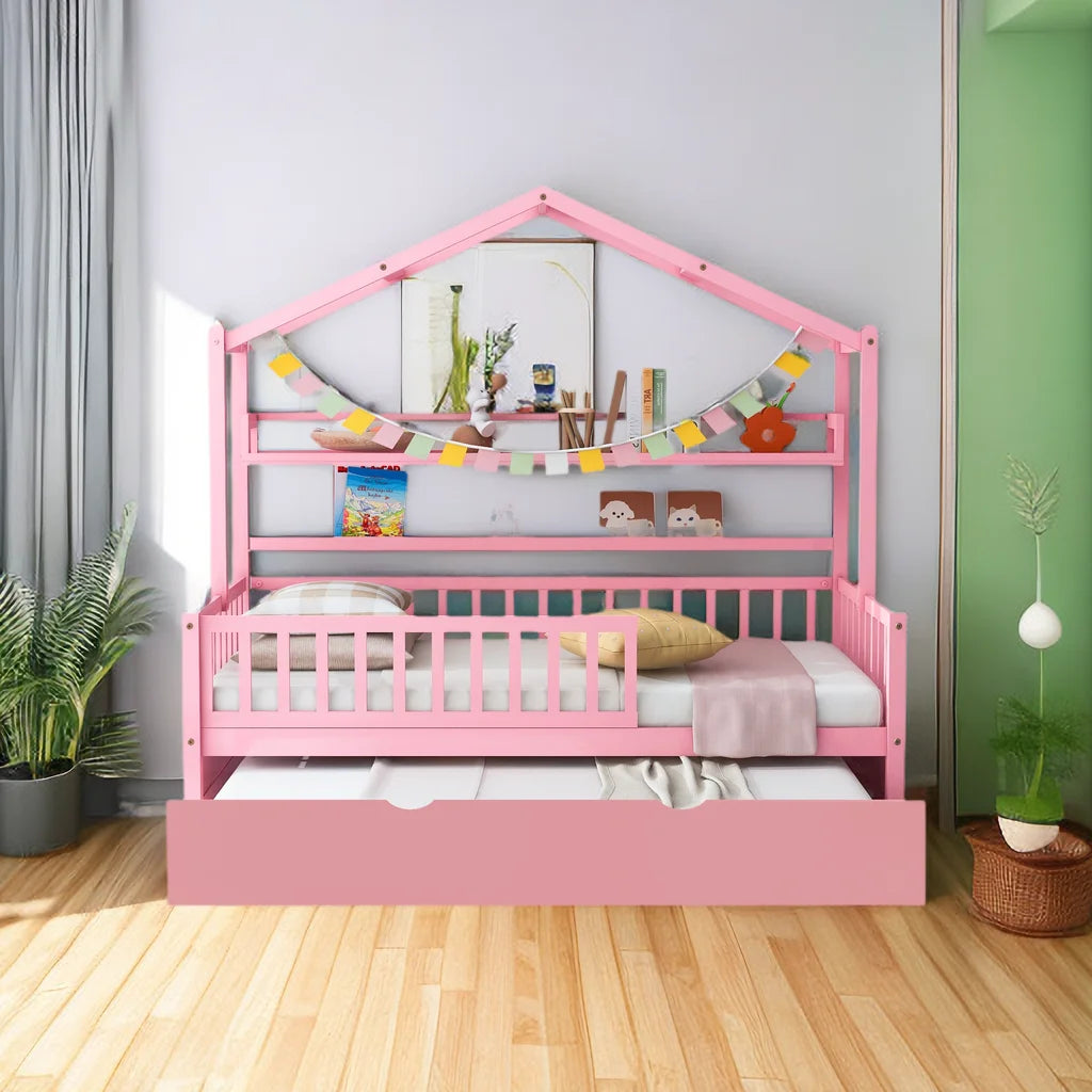 Twin Size Wooden House Bed with Trundle and Storage Shelves Z43439