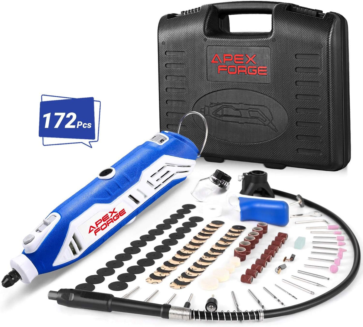 Rotary Tool Kit, Keyless Chuck, 172 Accessories, 6-Speed, Flex Shaft, 4 Attachments, Carrying Case J714