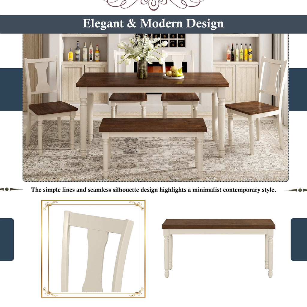 6-Piece Wooden Dining Table and 4 Chairs with Bench Y991237