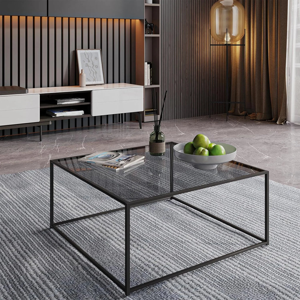 Square Glass Coffee Tables 26.7 x 26.7 x 15.7 Inches Gray Black M45878