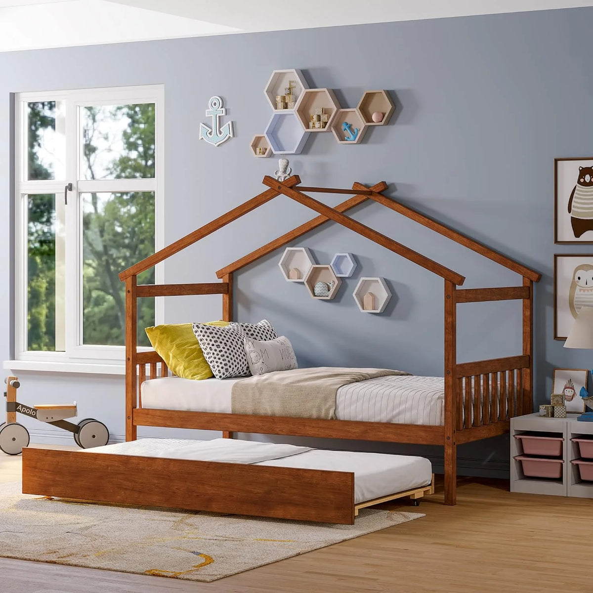 Wood House Bed with Trundle Full Size J43312