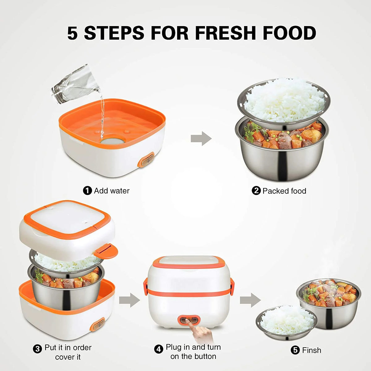 3 In 1 Electric Lunch Box Food Heater with Stainless Steel Bowls X1423