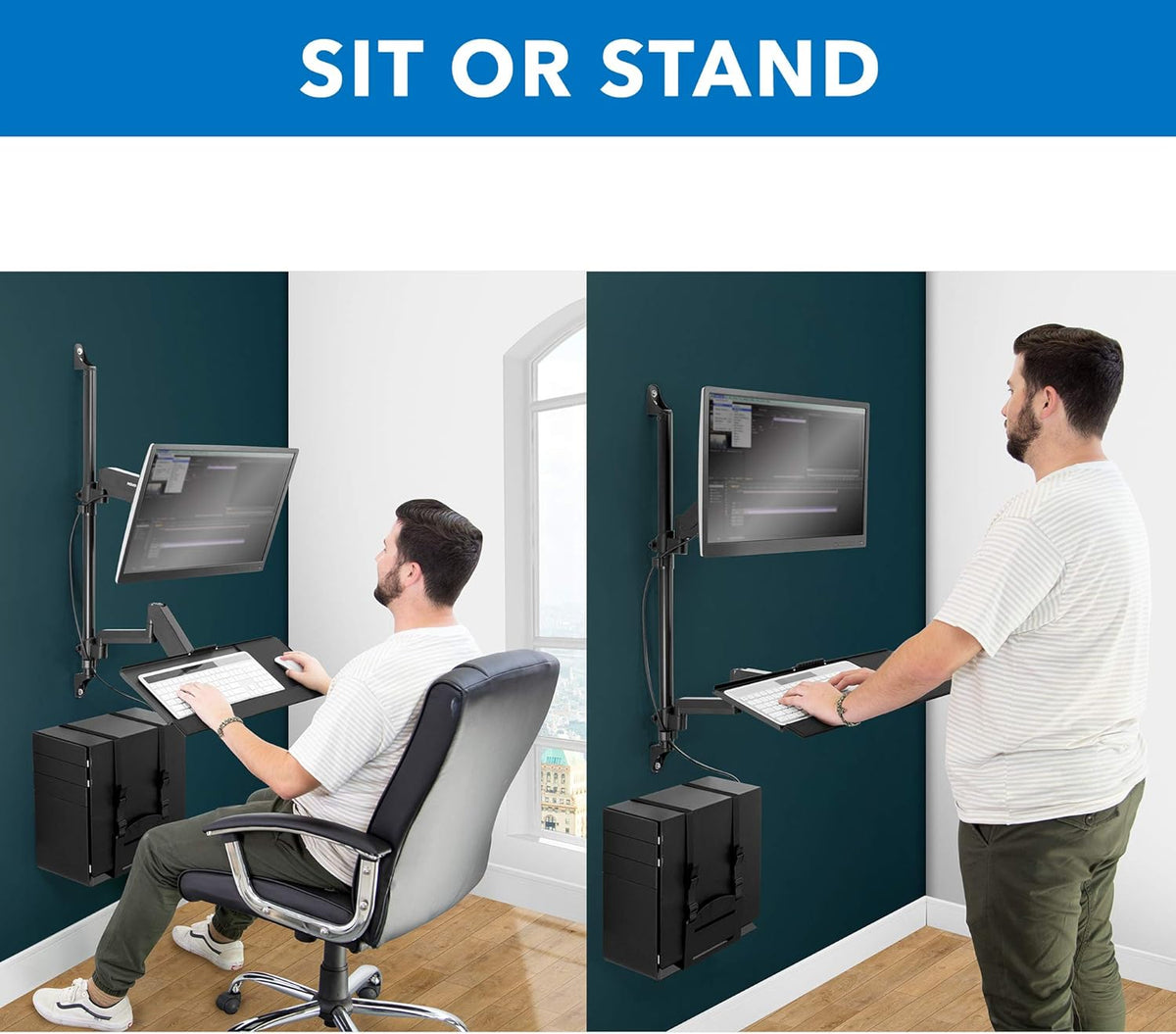 Wall Mount Workstation with Single Monitor Mount, Keyboard Tray and CPU Holder, Height Adjustable Full Motion Arms E332