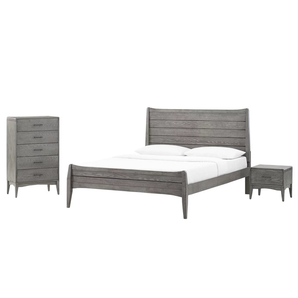 King Size Grey Wood Platform Bed Chest Nightstand Set A536