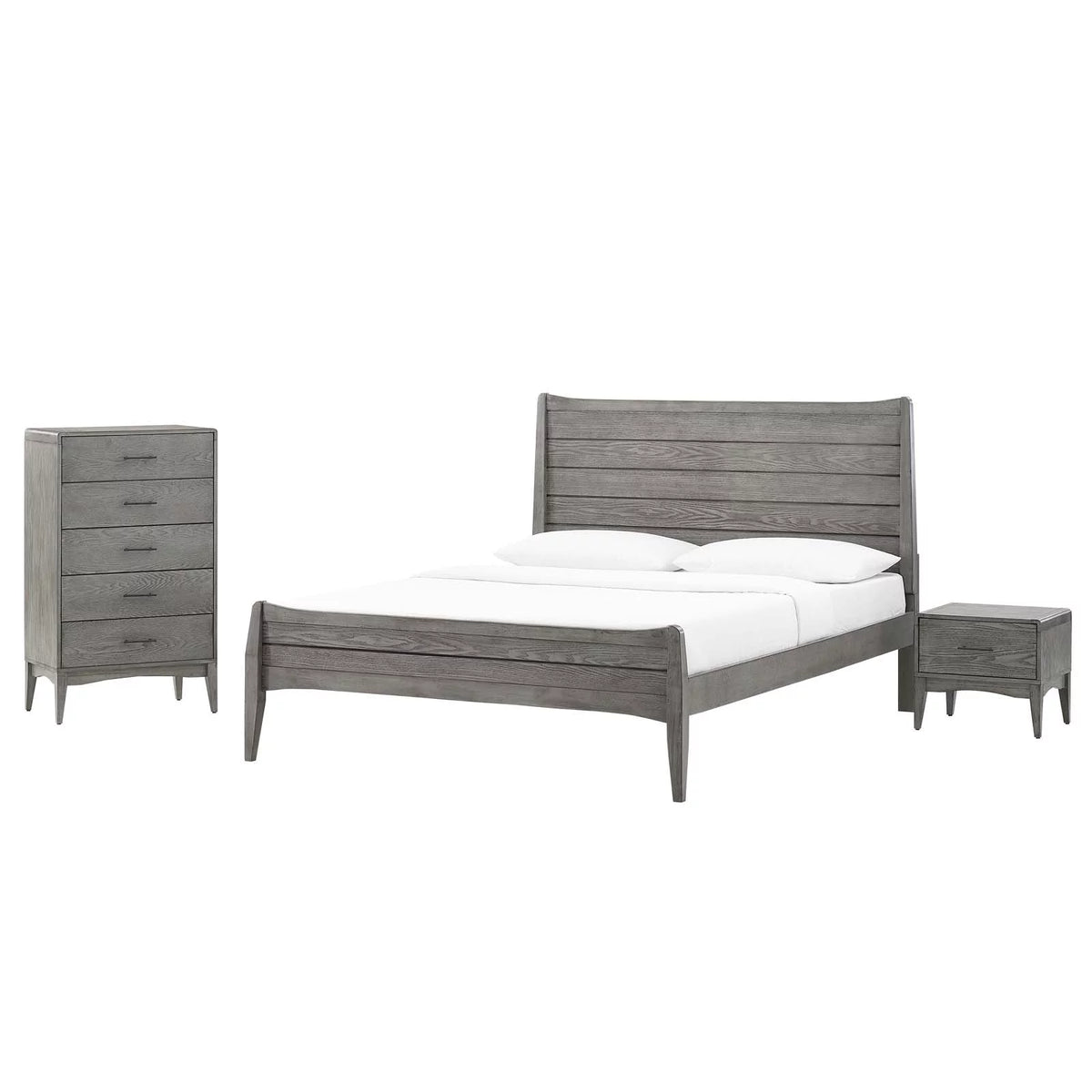 King Size Grey Wood Platform Bed Chest Nightstand Set A536