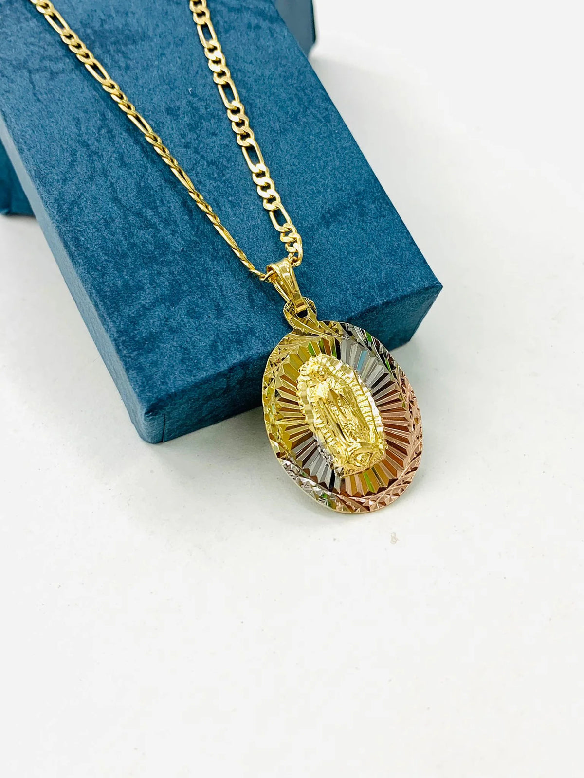 Tri Color Diamond Cut Virgen de Guadalupe Pendant Necklace Figaro Chain 20" Gold Filled Y8332
