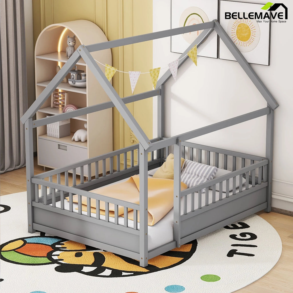 Full Size Gray Wood Floor Bed Frame with Guardrails U2036