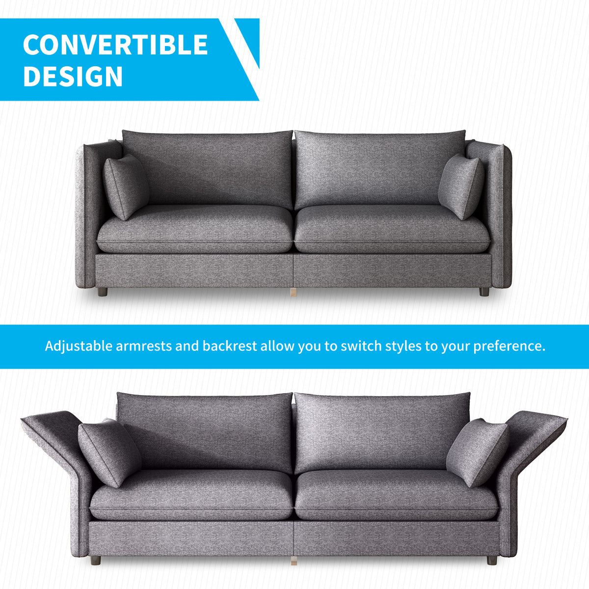 Modern 3 Pieces Linen Fleece Upholstered Sofa Set, Dark Grey M11234