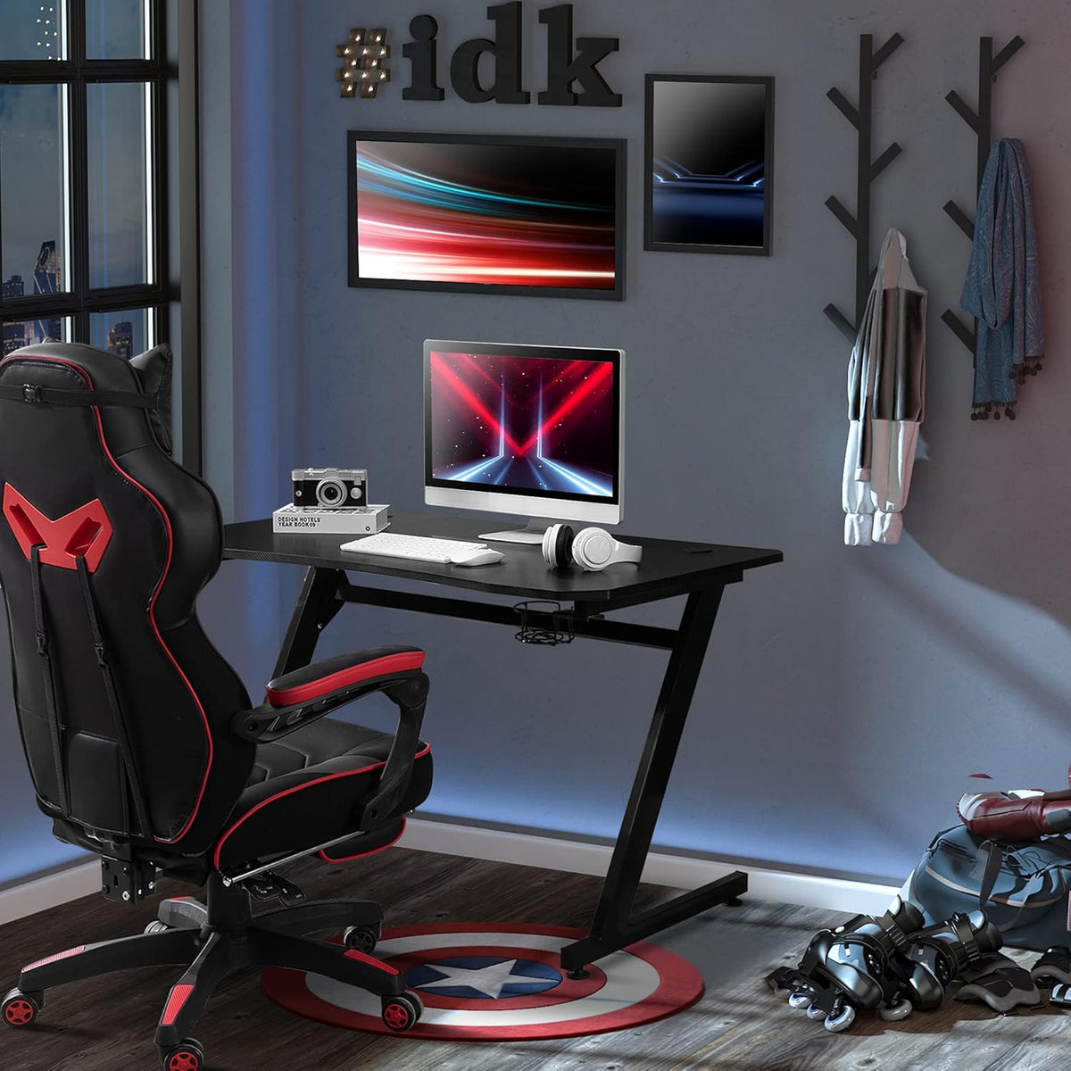 Black Gaming Desk with Cup Holder, Headphone Hook, Cable Management A610332