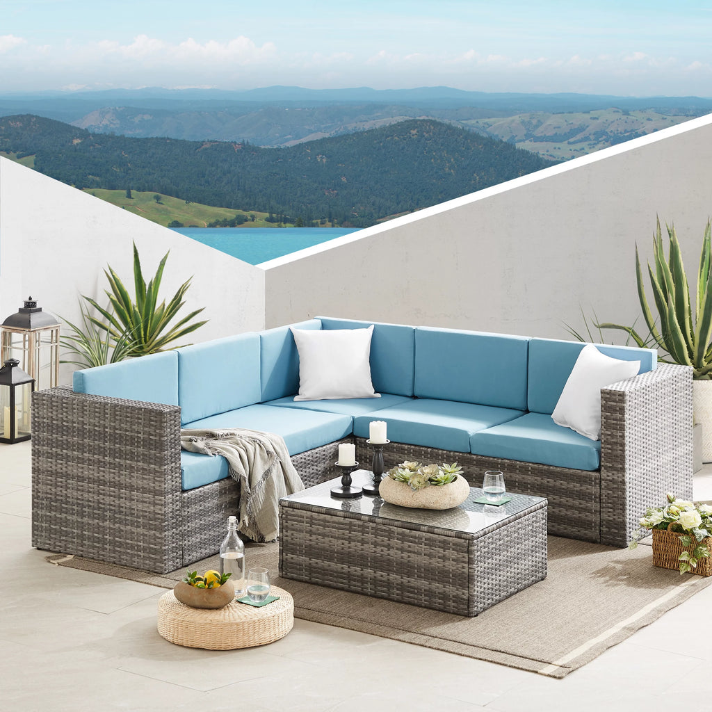 5 Pieces Rattan Wicker Outdoor Sectional Set with Glass Table W214334