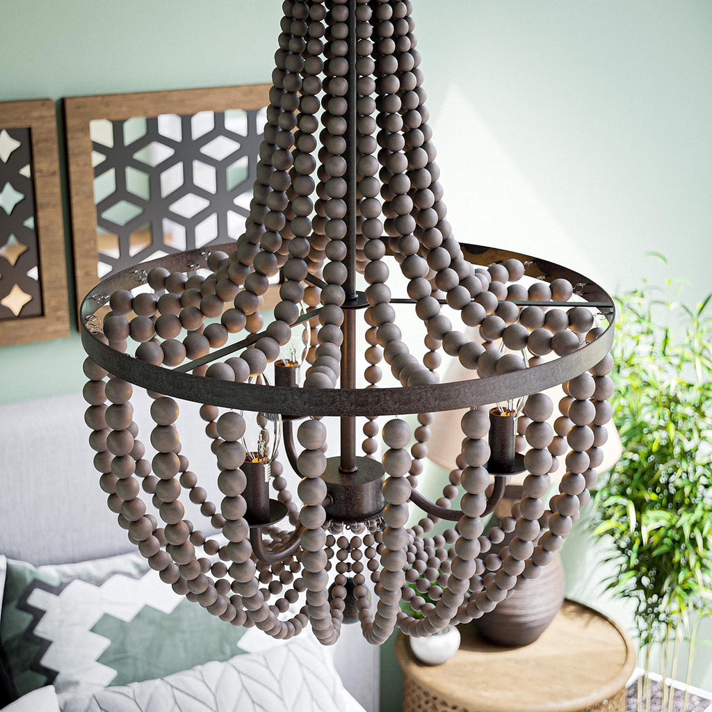 Wood Bead Chandelier, 28 Inch Height, 16 Inch Diameter, Golden Bronze Finish N302181
