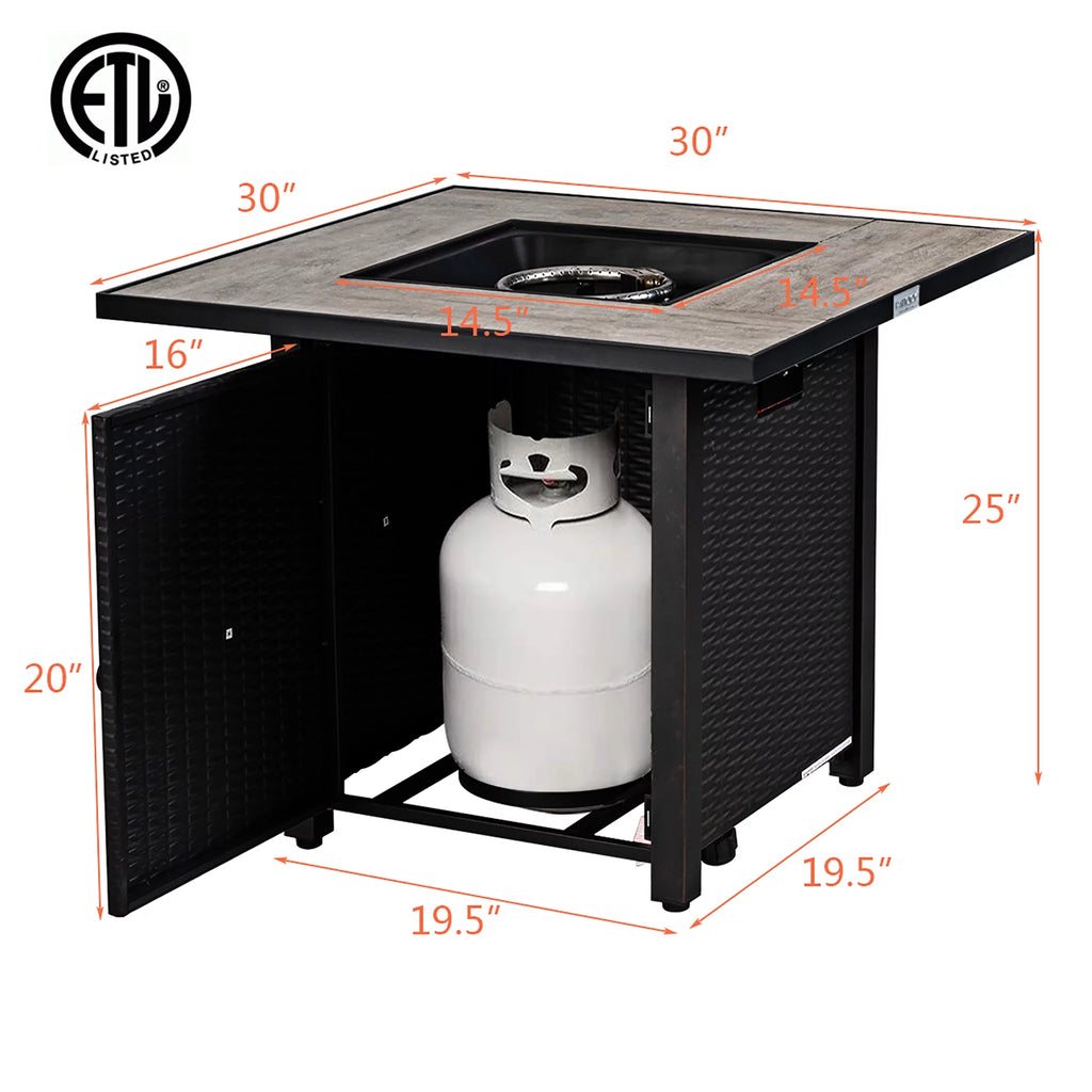 30'' Square Propane Gas Fire Pit Table 50,000 BTU with Cover Y70348