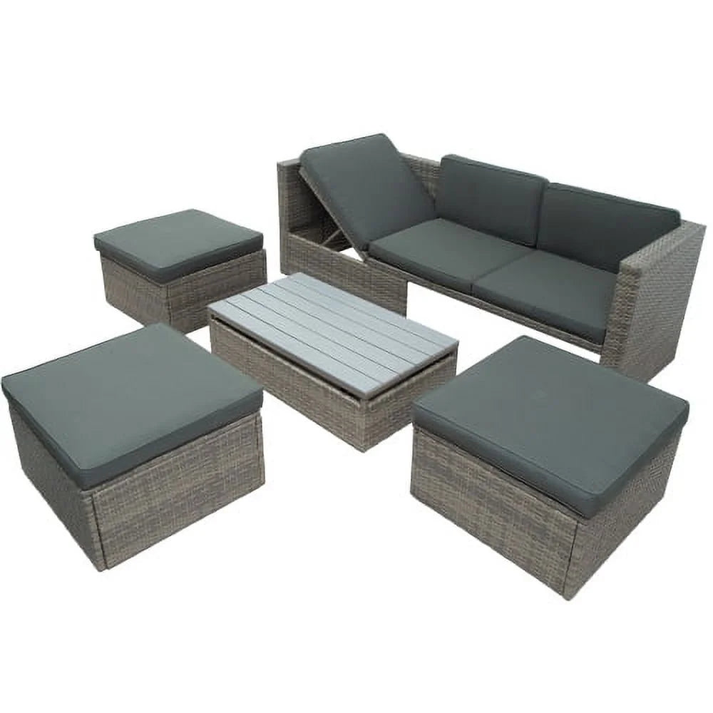 5-Piece Patio Wicker Sofa with Ottomans and Lift Top Coffee Table, Gray Z8739