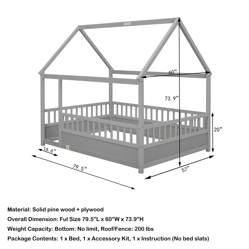 Full Size Gray Wood Floor Bed Frame with Guardrails U2036