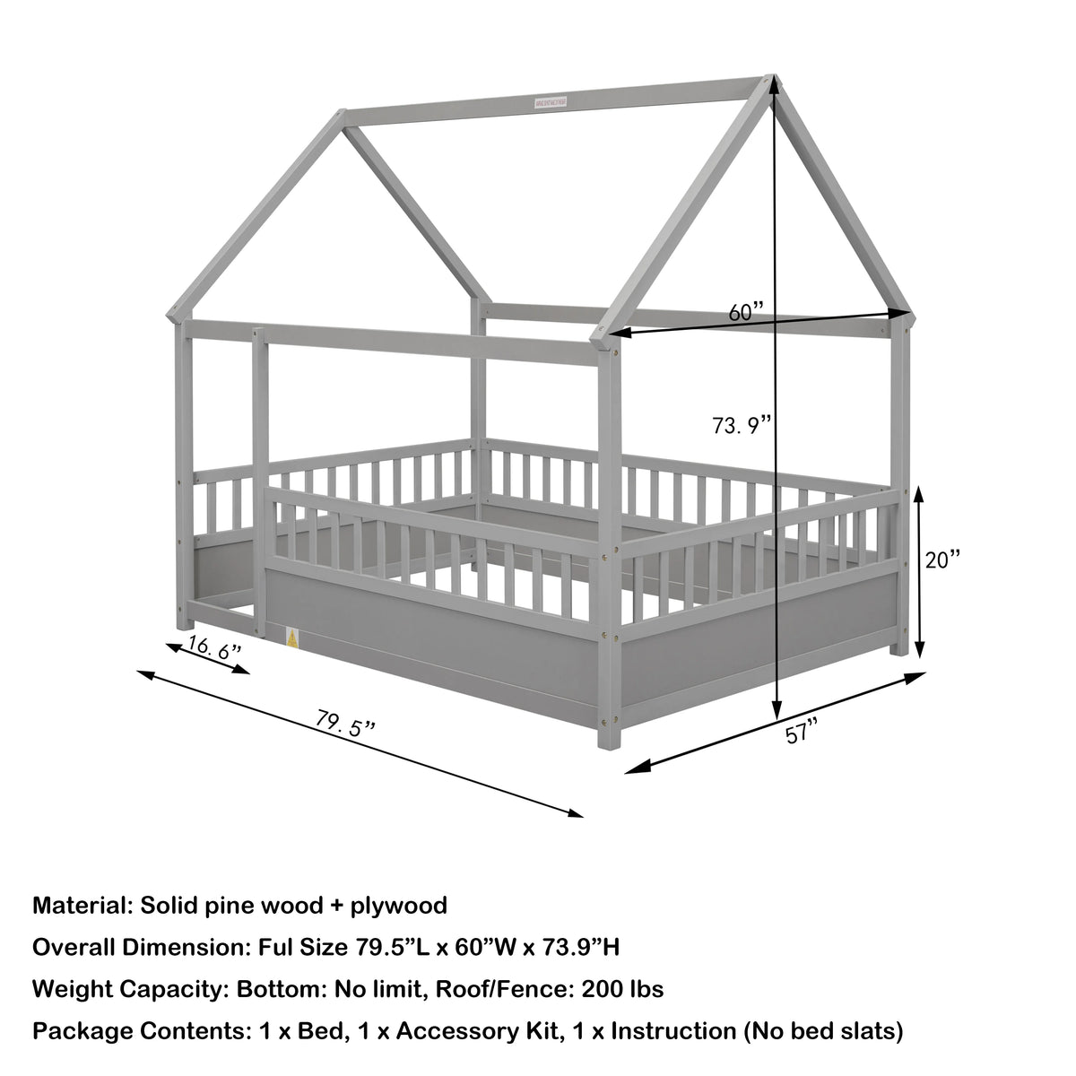 Full Size Gray Wood Floor Bed Frame with Guardrails U2036