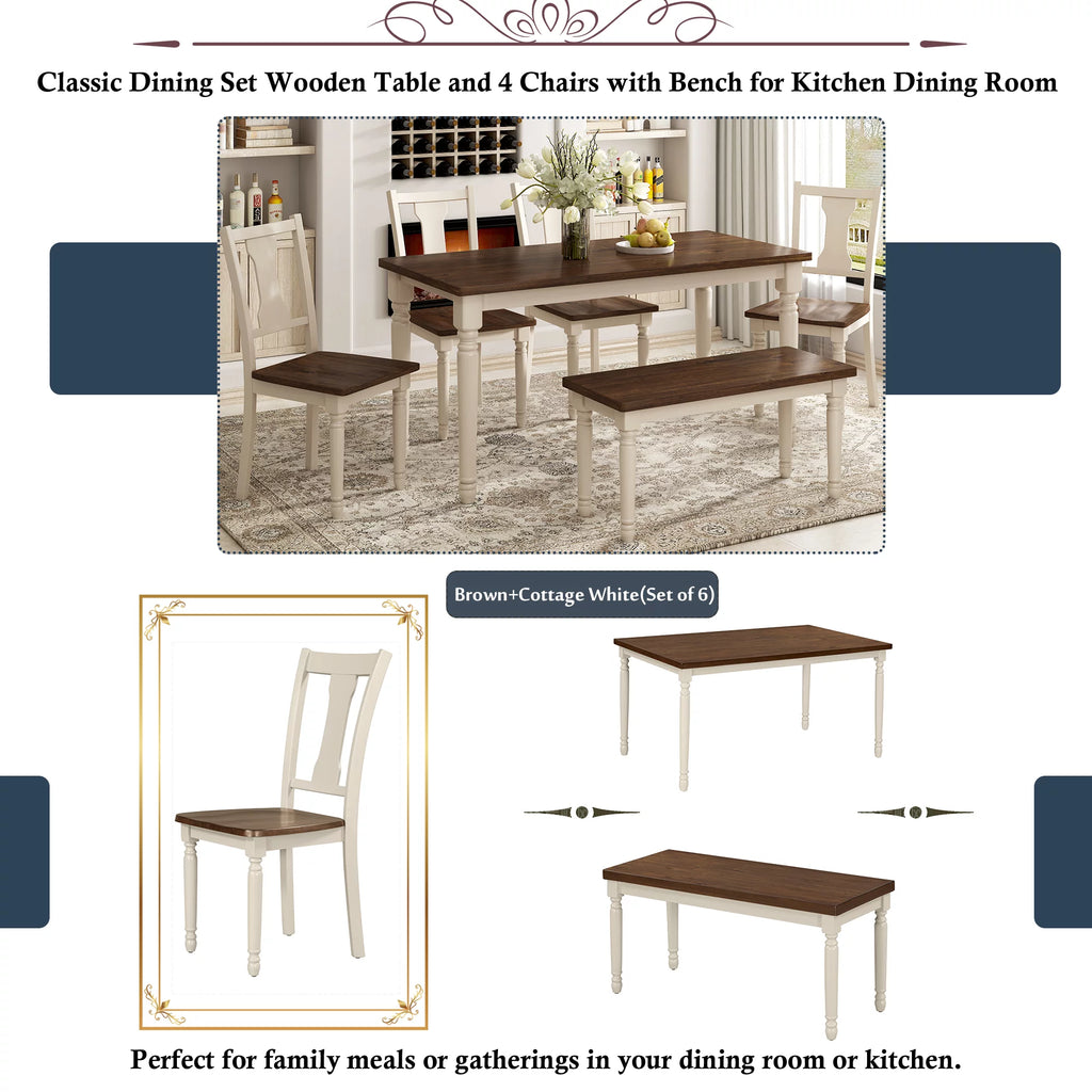 6-Piece Wooden Dining Table and 4 Chairs with Bench Y991237