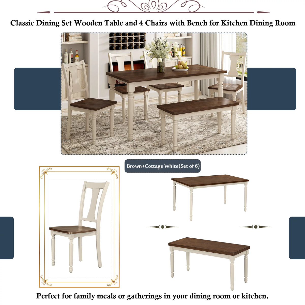 6-Piece Wooden Dining Table and 4 Chairs with Bench Y991237