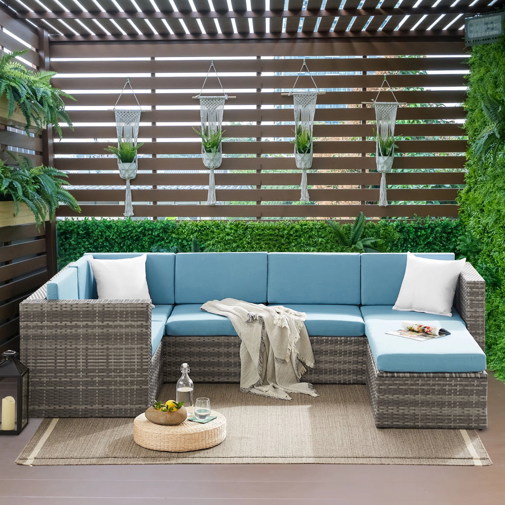 5 Pieces Rattan Wicker Outdoor Sectional Set with Glass Table W214334
