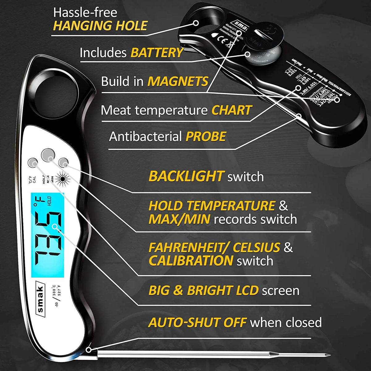 Waterproof Digital Instant Read Meat Thermometer with Backlight LCD U5482
