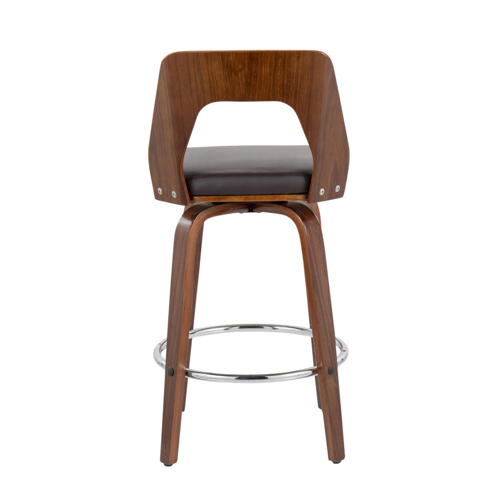 Mid-Century Modern Counter Stool In Walnut And Brown Faux Leather - Set Of 2 Y312962
