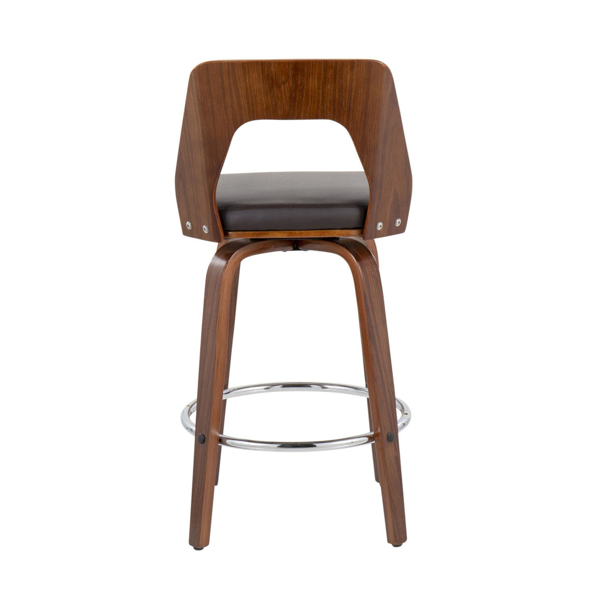 Mid-Century Modern Counter Stool In Walnut And Brown Faux Leather - Set Of 2 Y312962